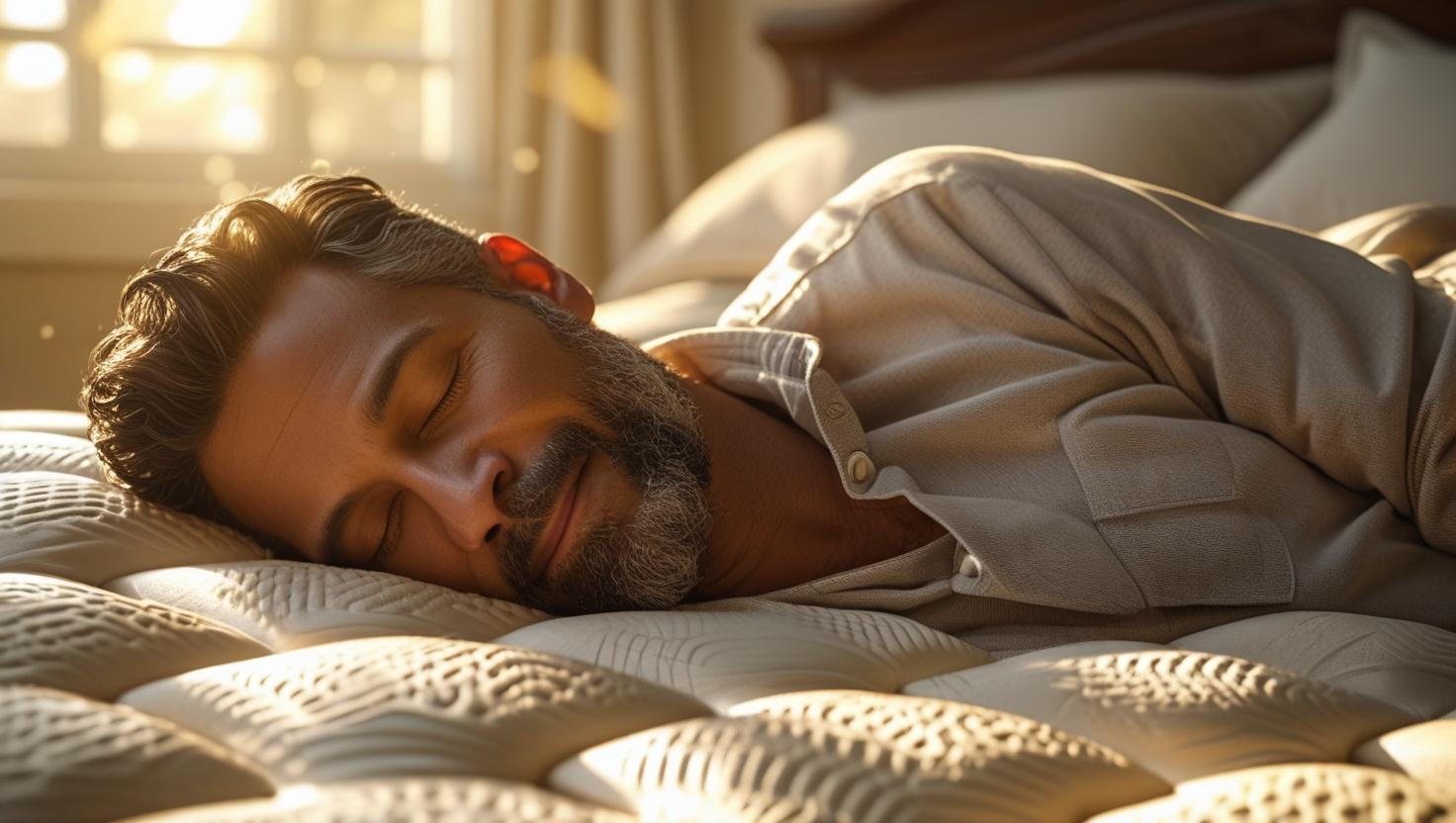 Man sleeping peacefully on a bed with soft lighting