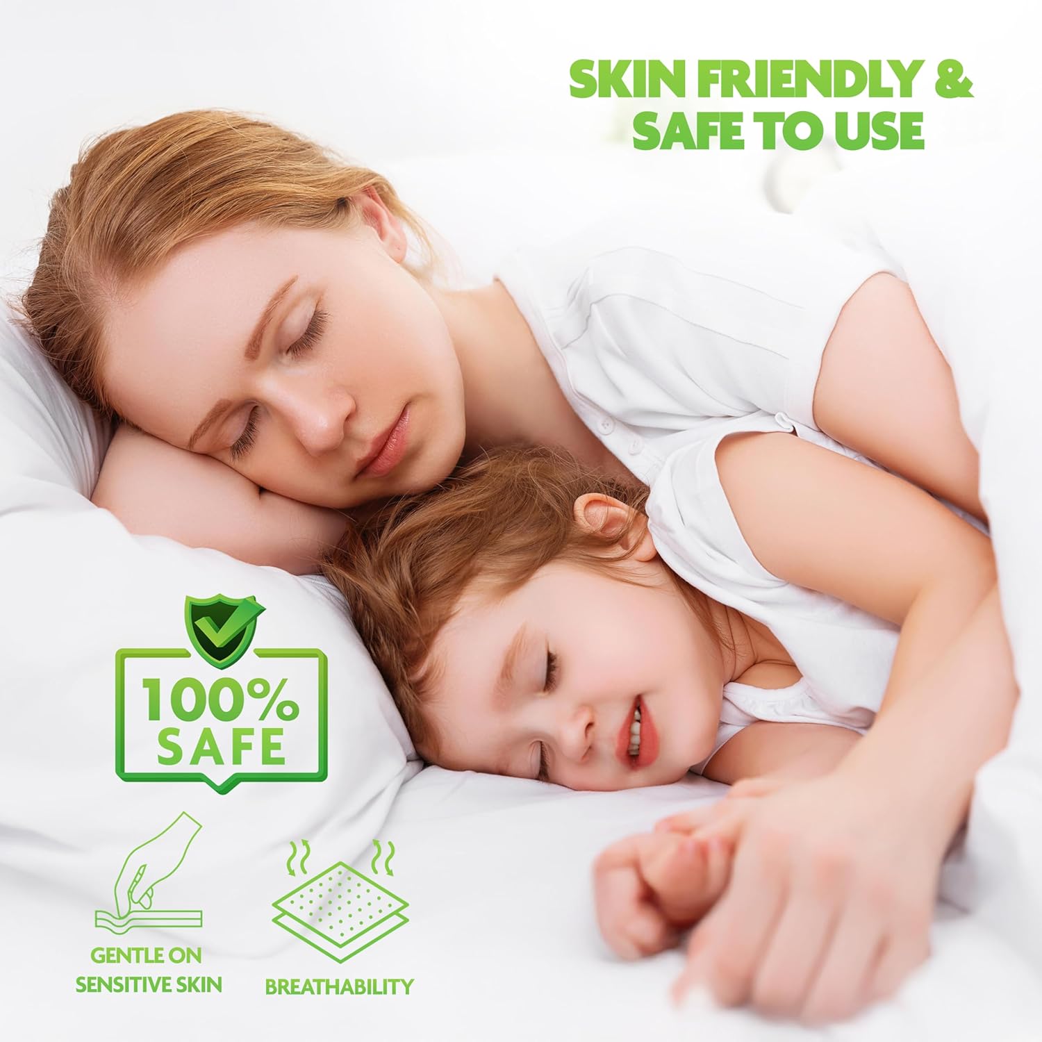 Woman and child sleeping together with product safety features highlighted